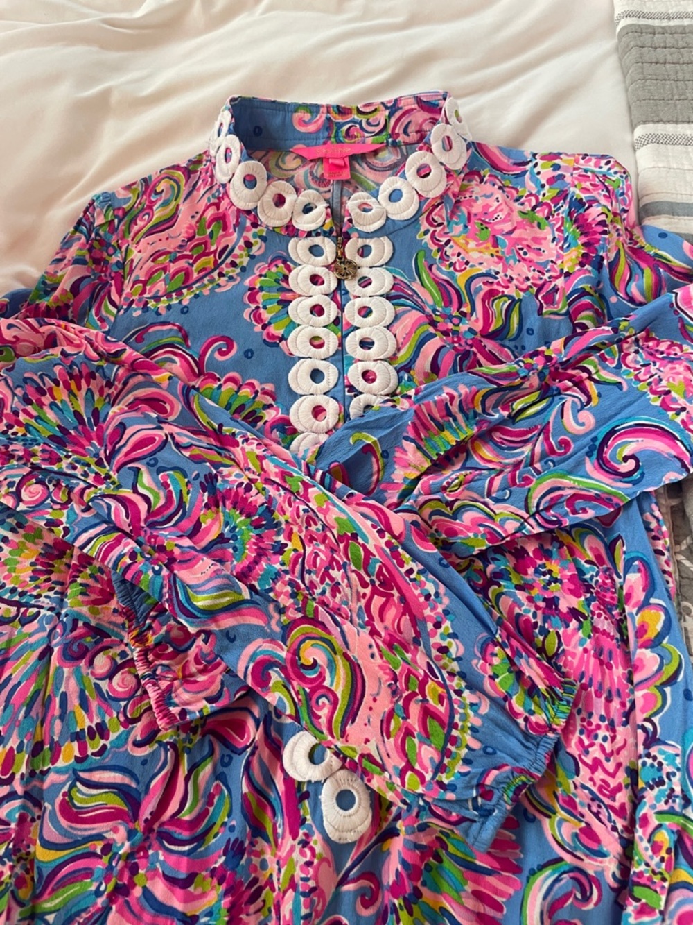 Lilly Pulitzer Blue Paisley Long-Sleeve Tunic Dress with White Trim - Picture 7 of 9